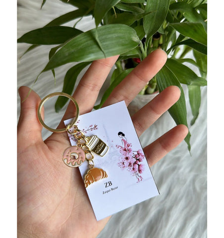 Pink Donut , Coffee , Croissant Charm Keychain