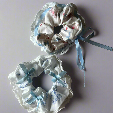 White and Blue Doodle Combo Scrunchie Set
